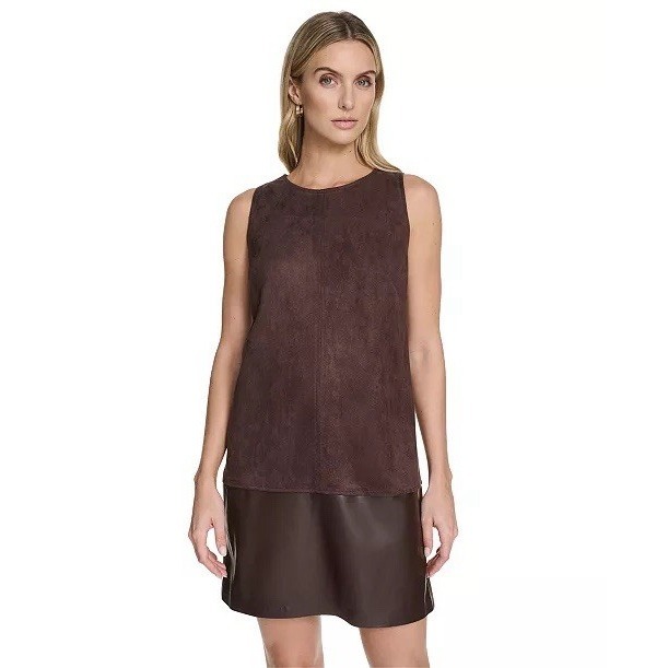 Calvin Klein New Women's Dress 8 Faux Suede Leather Panel Brown Sleeveless Shift
